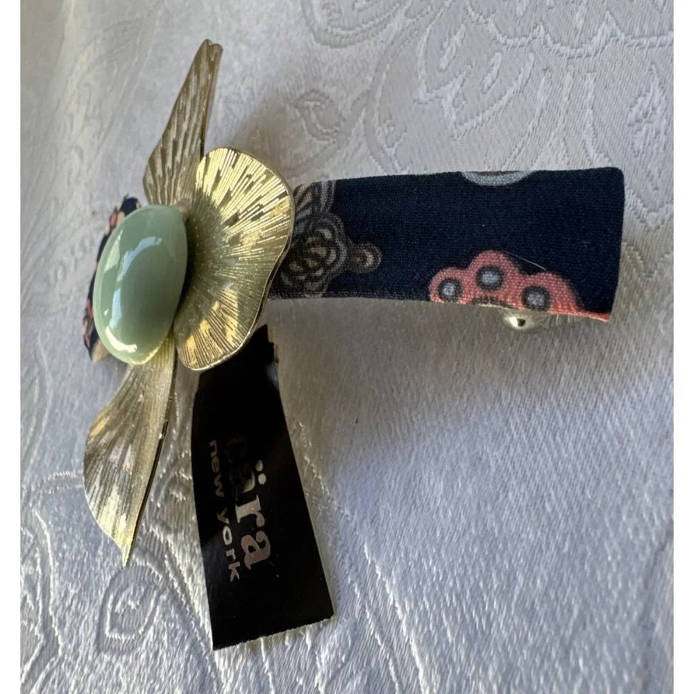 Cara NY Hair Barrette Pin Floral Gold Blue Enamel Cloth Steampunk NEW